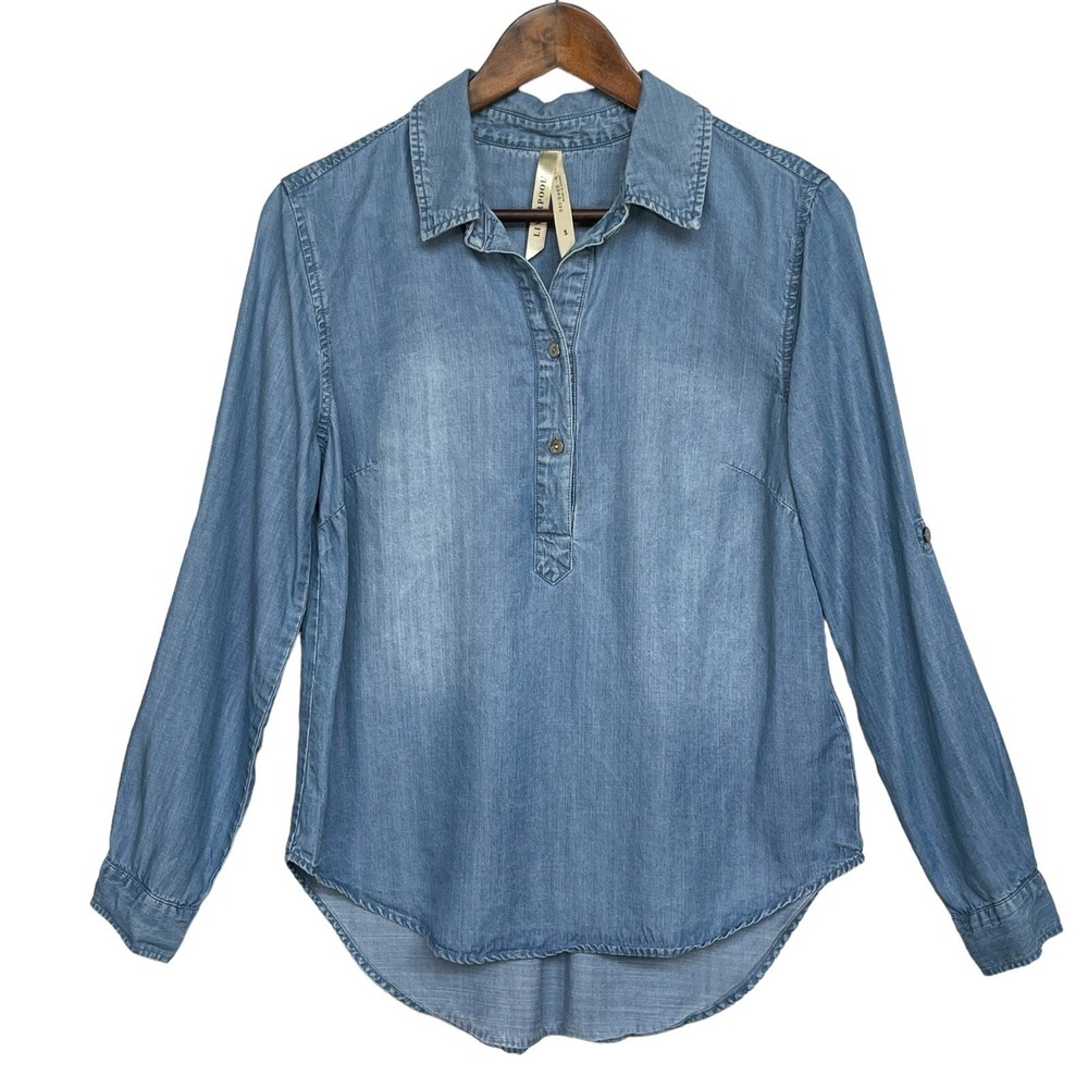 Liverpool Chambray Blouse Womens Small Blue Lyocell Roll Tab High Low Excellent